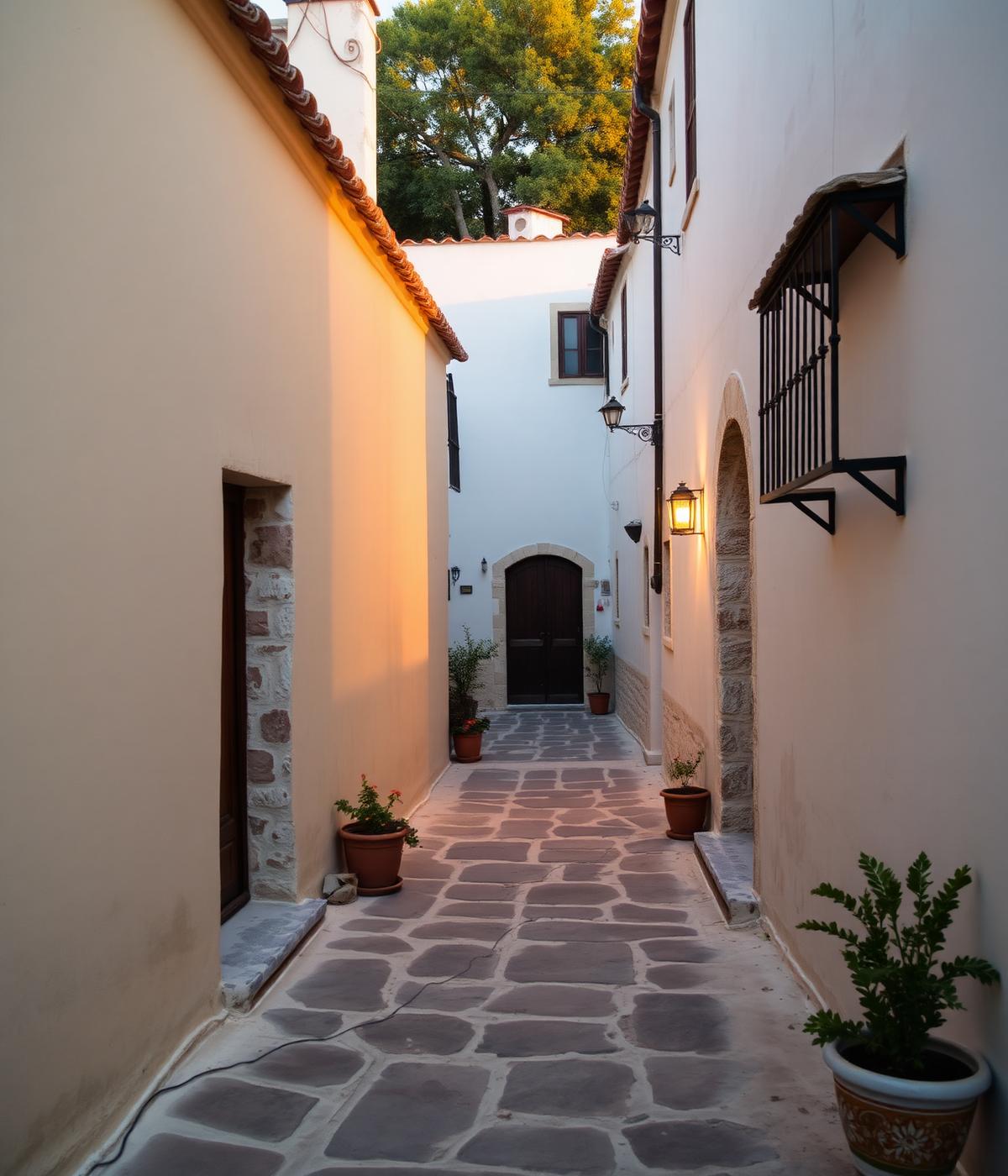 Vicolo di un borgo salentino in pietra chiara al tramonto